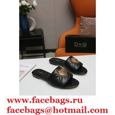 Dolce  &  Gabbana Leather Sliders Black with Devotion Heart 2021